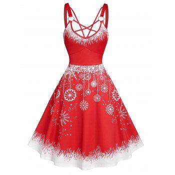 

Christmas Strappy Snowflake Print Dress, Red