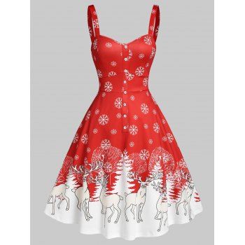 

Christmas Snowflake Elk Print Fit and Flare Dress, Red