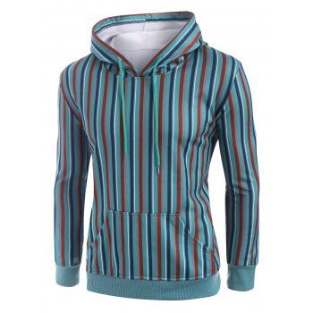 

Fleece Lined Colorful Striped Front Pocket Hoodie, Turquoise