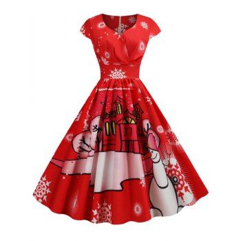 

Plus Size Christmas Printed Retro Swing Dress, Red