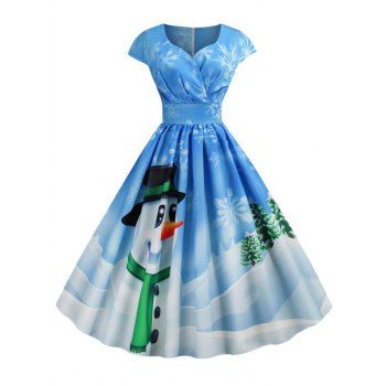 

Plus Size Christmas Printed Retro Swing Dress, Light blue