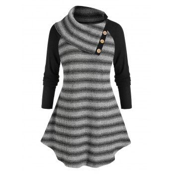 

Plus Size Striped Raglan Sleeve Turndown Collar Tunic Sweater, Battleship gray