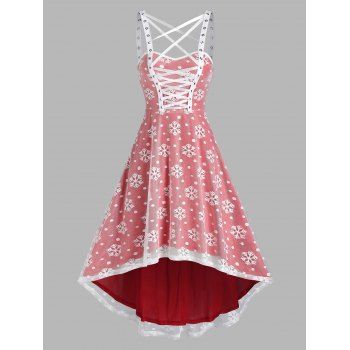 

Christmas Snowflake Pattern Sleeveless High Low Lace Dress, Red