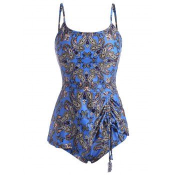 

Paisley Bohemian Print Cinched Tie Tankini Swimwear, Blue
