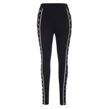 

Lace Insert Eyelets Lace-up Pants, Black