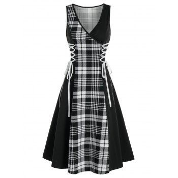 

Sleeveless Plaid Print Side Lace-up Dress, Black