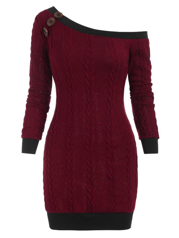 Mini Robe Pull en Tricot à Câble à Col Oblique - Rouge foncé L