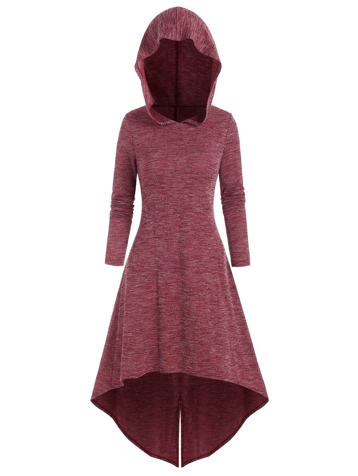Hooded High Low Knitted Midi Dress - RED WINE 3XL