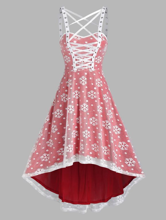 Christmas Snowflake Pattern Sleeveless High Low Lace Dress - RED L