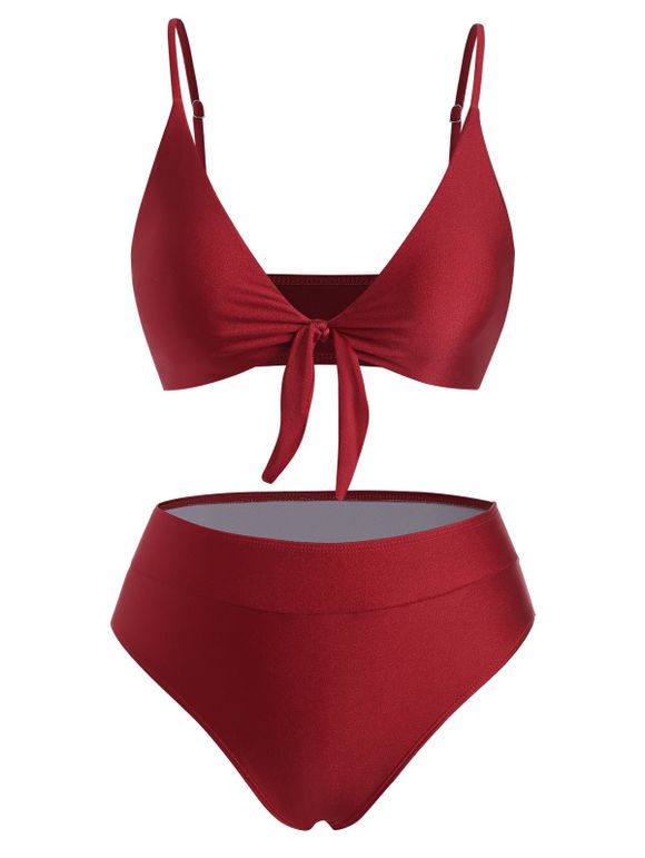Maillot de Bain Bikini Noué en Avant Coupe Haute à Taille Large - Rouge S