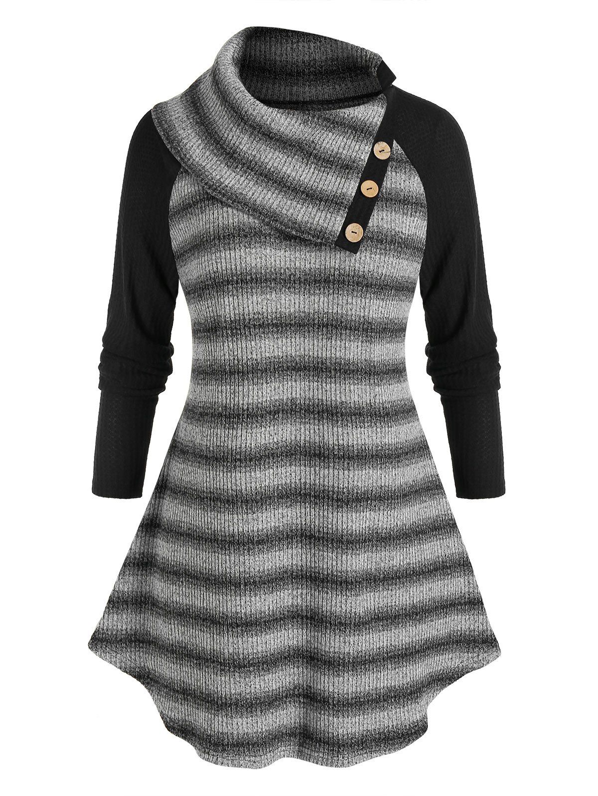Plus Size Striped Raglan Sleeve Turndown Collar Tunic Sweater - BATTLESHIP GRAY 5X