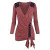 T-shirt Superposé en Dentelle Insérée avec Nœud Papillon - Rouge Cerise XL