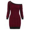 Mini Robe Pull en Tricot à Câble à Col Oblique - Rouge foncé L