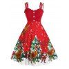 Robe à Imprimé Père Noël et Renne Grande Taille à Volants - Rouge Cerise 1X