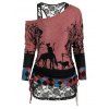 Halloween Cat Print Cinched T-shirt and Flower Lace Tank Top - ROSE 2XL