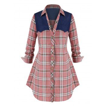

Plus Size Plaid Denim Patch Long Sleeve Shirt, Pink