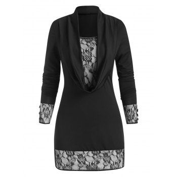 

Cowl Neck Lace Panel Long Sleeve Longline Top, Black