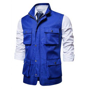 

Pockets Plain Stand Collar Vest, Blue