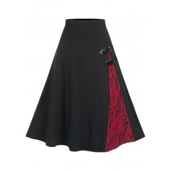 

Lace Panel Buckled A Line Skirt, Black