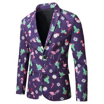 

Christmas Tree Snowman Flamingo Print Lapel Back Slit Blazer, Multicolor