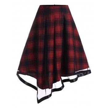 

Plus Size Asymmetric Mesh Insert Plaid Skirt, Red wine