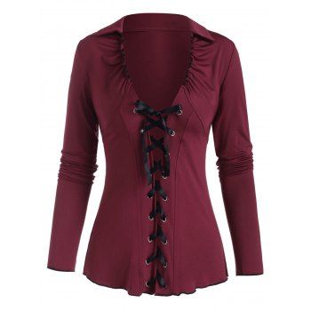 

Lace-up Plunging Lettuce Long Sleeve Tee, Deep red