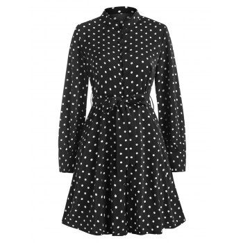 Image of Belted Polka Dot Button Loop Long Sleeve Dress
