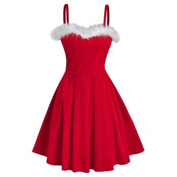 

Bicolor Front Fluffy Velour Flare Dress, Red