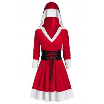 

Christmas Hooded Velvet Lace Up Dress, Red