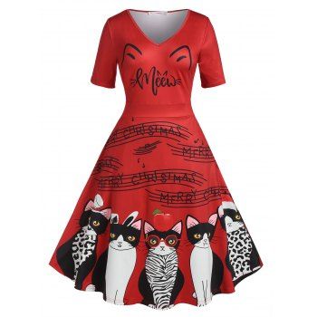 

Plus Size Christmas Cat Print Midi Dress, Red