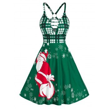 

Christmas O Ring Santa Claus Print Plunge Dress, Pine green