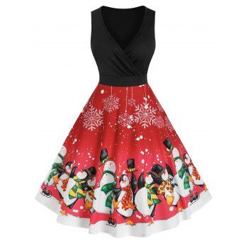

Christmas Snowman Print Surplice Dress, Black