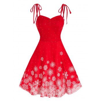 

Christmas Tie Shoulder Snowflake Print Dress, Red