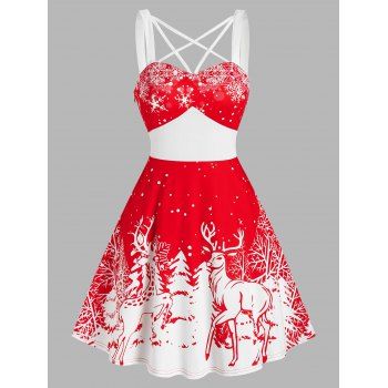 

Christmas Tree Elk Snowflake Print Sleeveless Strappy Dress, Red