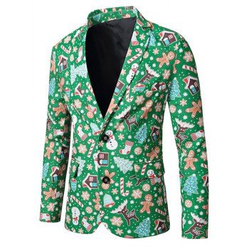 

Christmas Tree Snowflake Snowman Print Lapel Back Slit Blazer, Multicolor