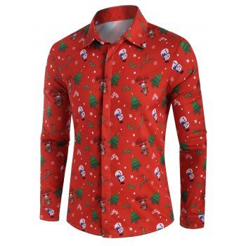

Christmas Tree Elk Snowman Print Button Up Shirt, Red