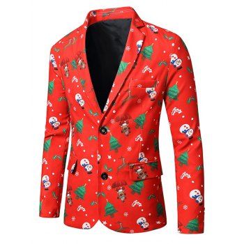 

Christmas Tree Snowman Elk Print Lapel Side Slit Blazer, Red