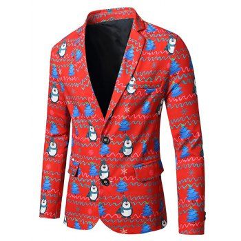 

Christmas Tree Penguin Print Lapel Side Slit Blazer, Multicolor