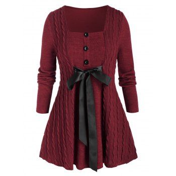 

Plus Size Cable Knit Bowknot Tie Square Neck Sweater, Red wine