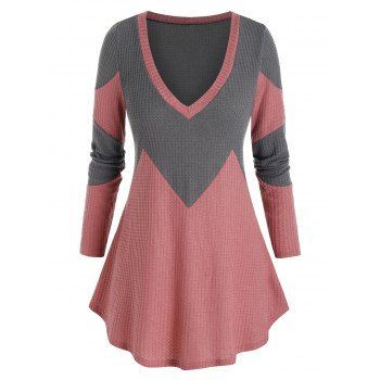 

Plus Size Geometric Bicolor Plunge Knit Sweater, Multicolor a