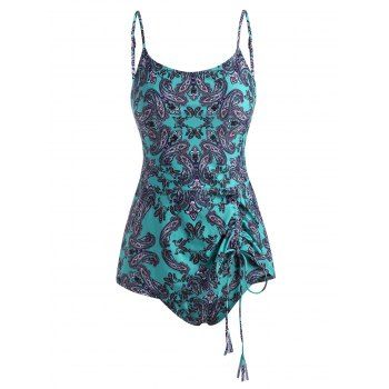 

Paisley Bohemian Print Cinched Tie Tankini Swimwear, Light green