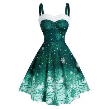 

Christmas Party Dress Snowflake Print Ombre Color Dress, Deep green