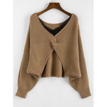 

Lace Panel Twisted Batwing Sleeve Sweater, Coffee
