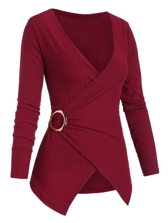 Tricot Côtelé Superposé Plongeant Anneau en O - Rouge S