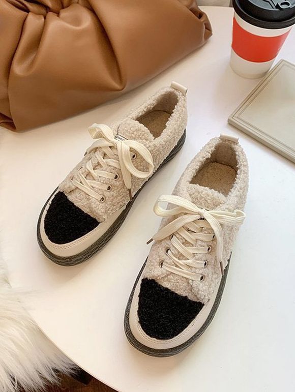 Chaussures Plates en Blocs de Couleurs en Fausse Fourrure - Beige EU 40