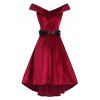 Off The Shoulder Velvet High Low Dress with Lace Belt - DEEP RED M