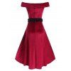 Off The Shoulder Velvet High Low Dress with Lace Belt - DEEP RED S