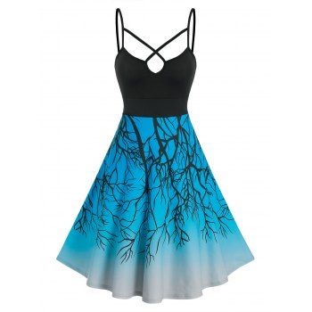 

Gothic Branch Pattern Cut Out Contrast Colorblock A Line Dress, Deep blue