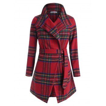 Plus Size Checked Turndown Collar Wrap Belted Coat