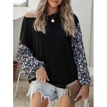 

Ditsy Floral Panel Drop Shoulder Combo Knitwear, Black